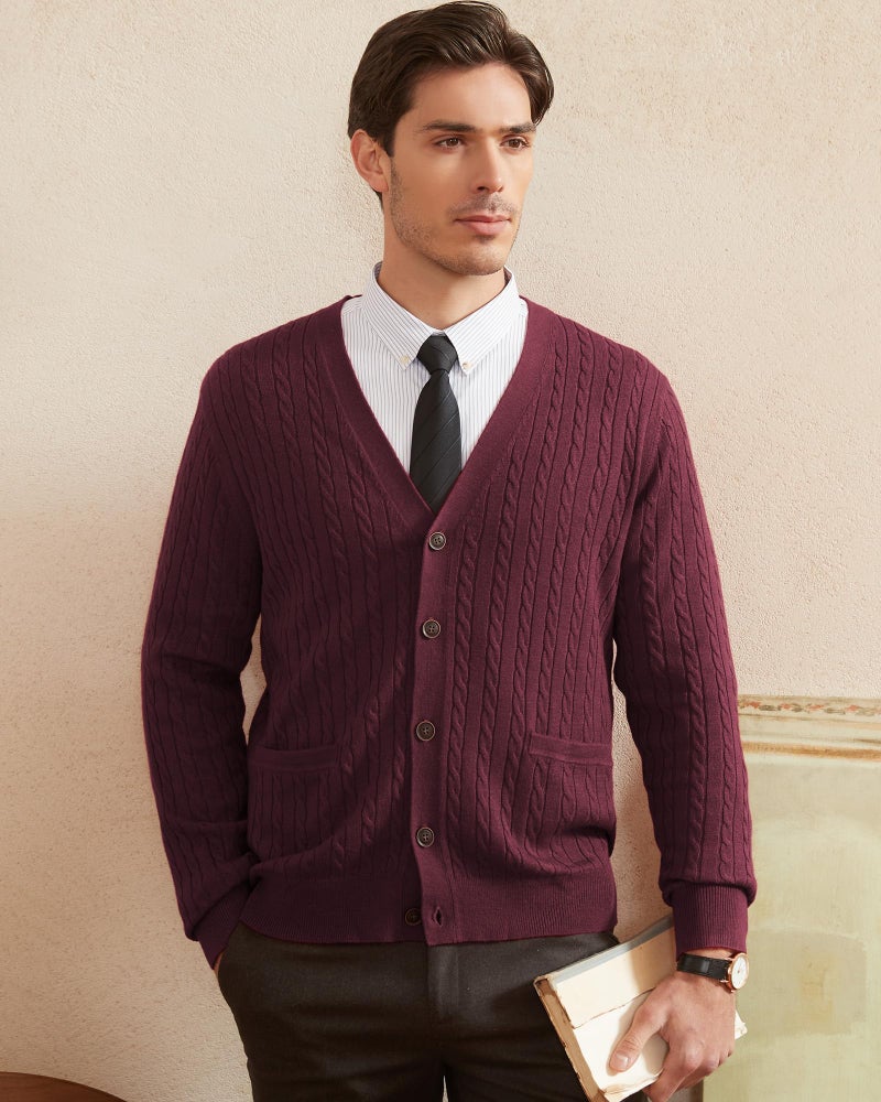 Kallspin Men's Cardigan Sweater Wool Blend Cable Knit V Neck Buttons Cardigan with Pockets(Burgundy Red, Medium) - Image 2